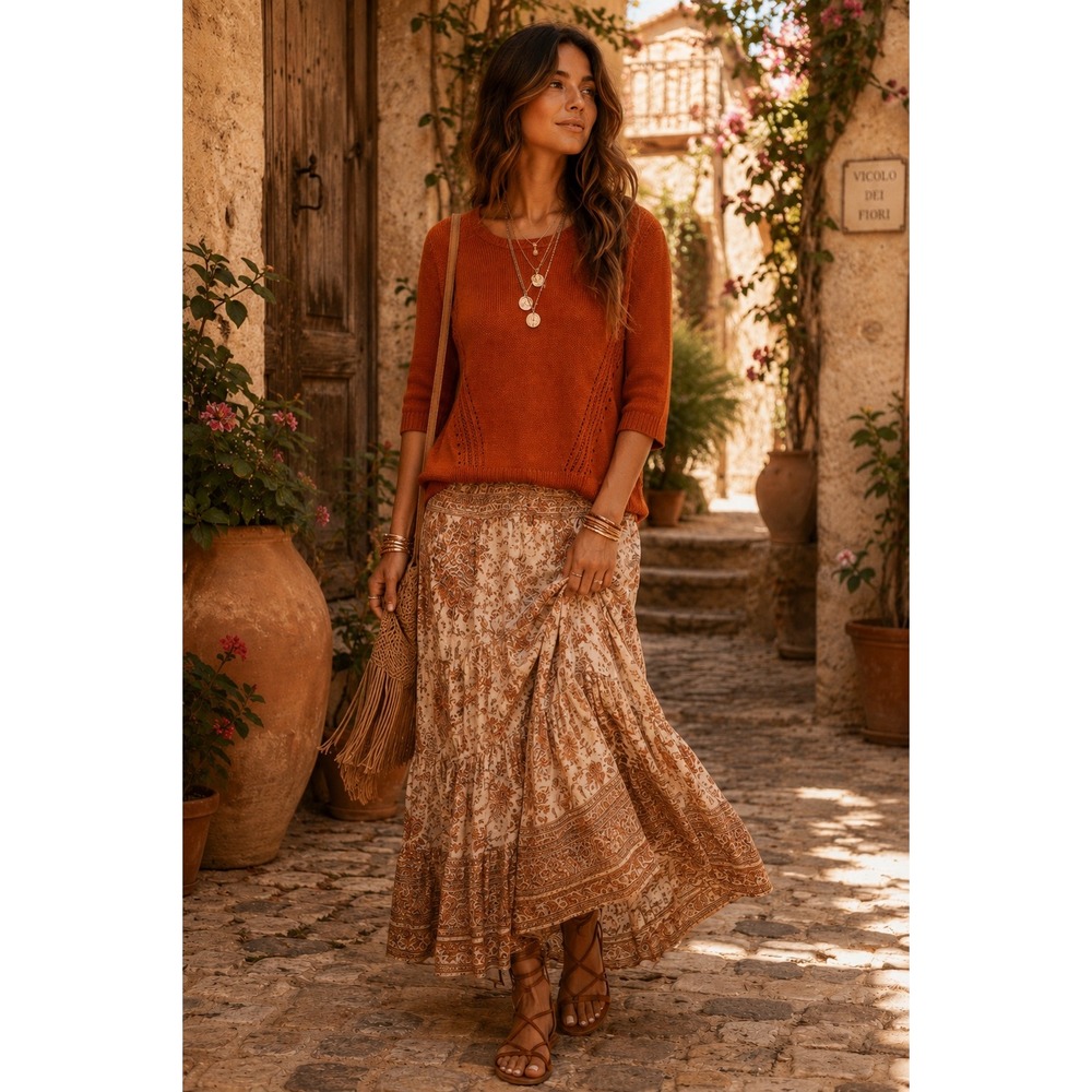 Anthropologie Burnt Orange Linen Blend Pointelle Knit Sweater 3/4 Sleeve Small